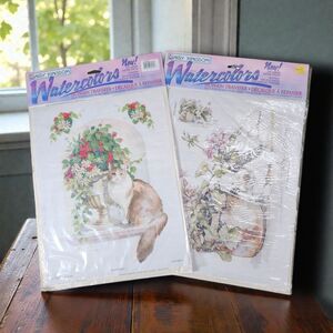 2 Vintage 1998 Daisy Kingdom Cottagecore Watercolor Iron-On Transfers Cat Bunny